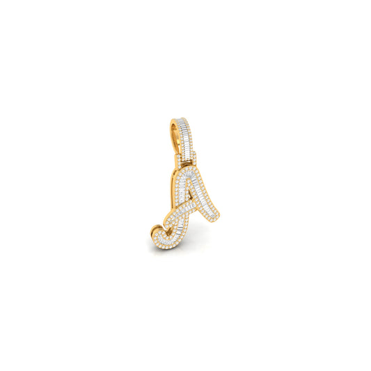 Yellow Gold Baguette and Round Diamond 'A' Letter Initial Pendant