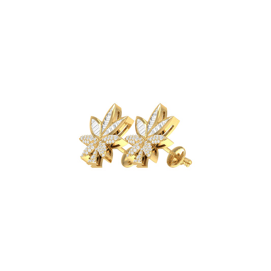 Yellow Gold Baguette and Round Diamond Cannabis Leaf Earrings