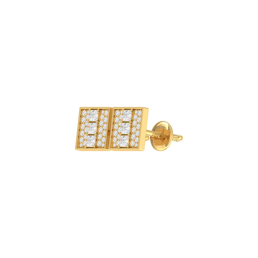 Yellow Gold Princess and Round Diamond Square Earring