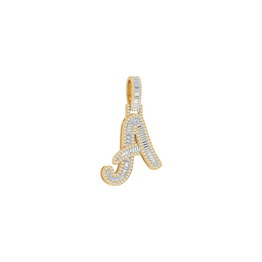 Yellow Gold Baguette and Round Diamond 'A' Letter Initial Pendant