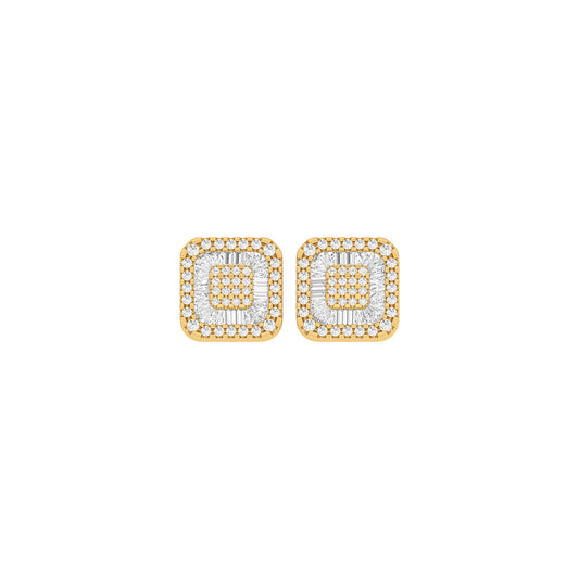 Yellow Gold Round and Baguette Diamond Square Stud Earrings