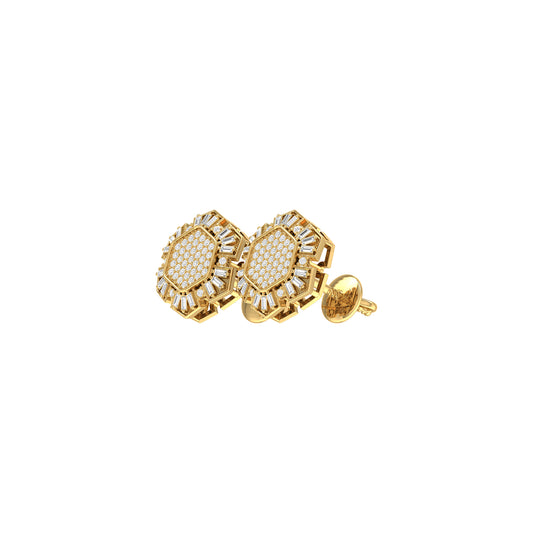 Yellow Gold Round and Baguette Diamond Flower Earrings