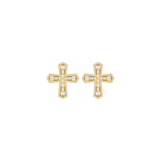 Yellow Gold Round and Baguette Diamond Cross Stud Earrings