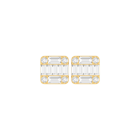 Yellow Gold Round and Baguette Diamond Square Stud Earrings