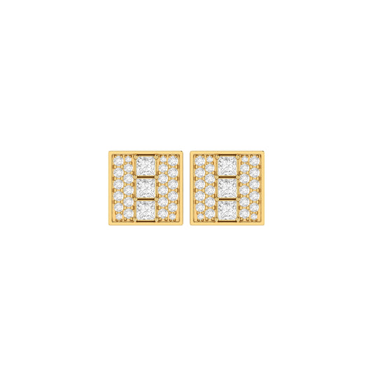 Yellow Gold Princess and Round Diamond Square Earring