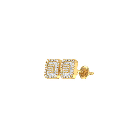 Yellow Gold Round and Baguette Diamond Square Stud Earrings