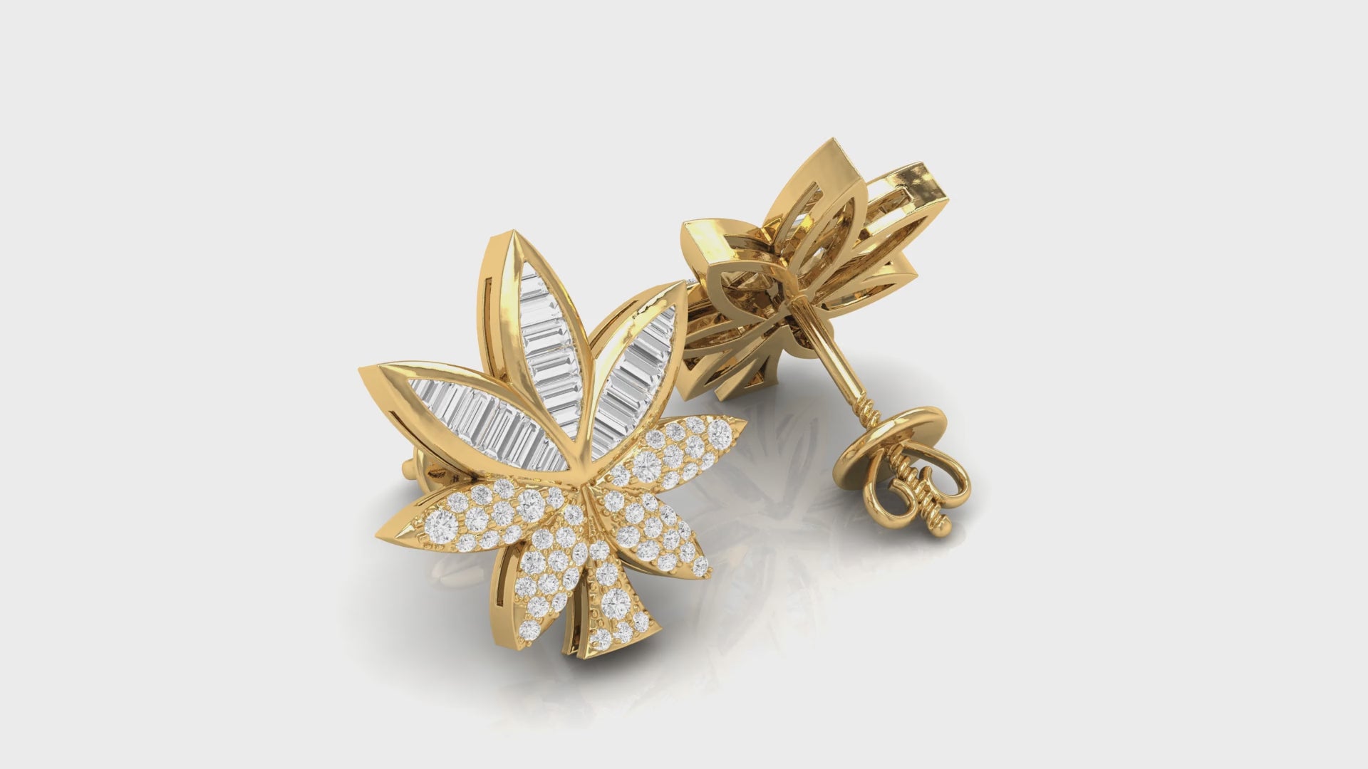 Yellow Gold Baguette and Round Diamond Cannabis Leaf Earrings