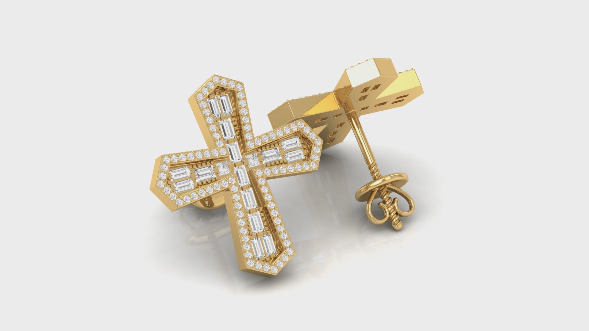 Yellow Gold Round and Baguette Diamond Cross Stud Earrings