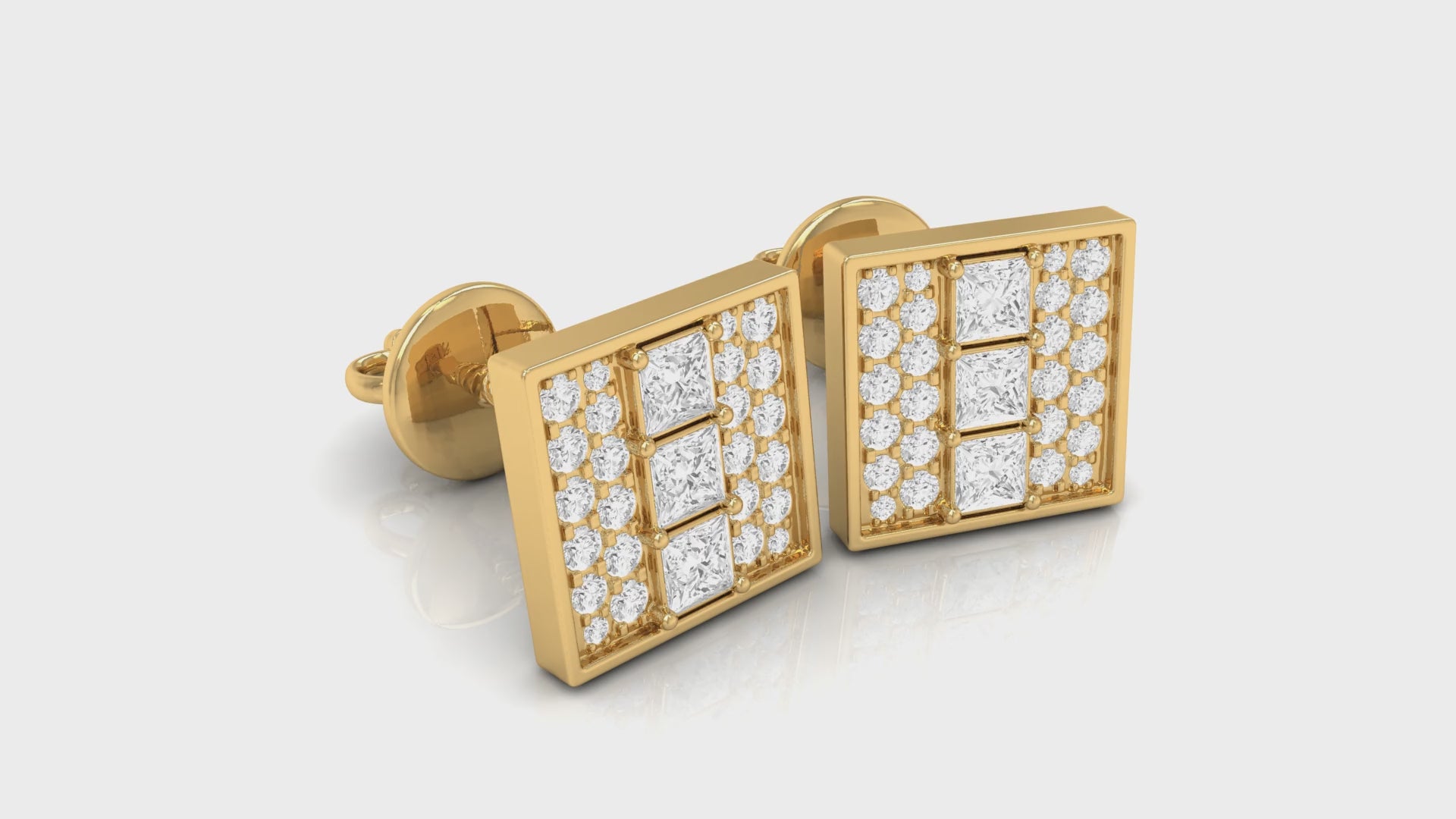 Yellow Gold Princess and Round Diamond Square Earring