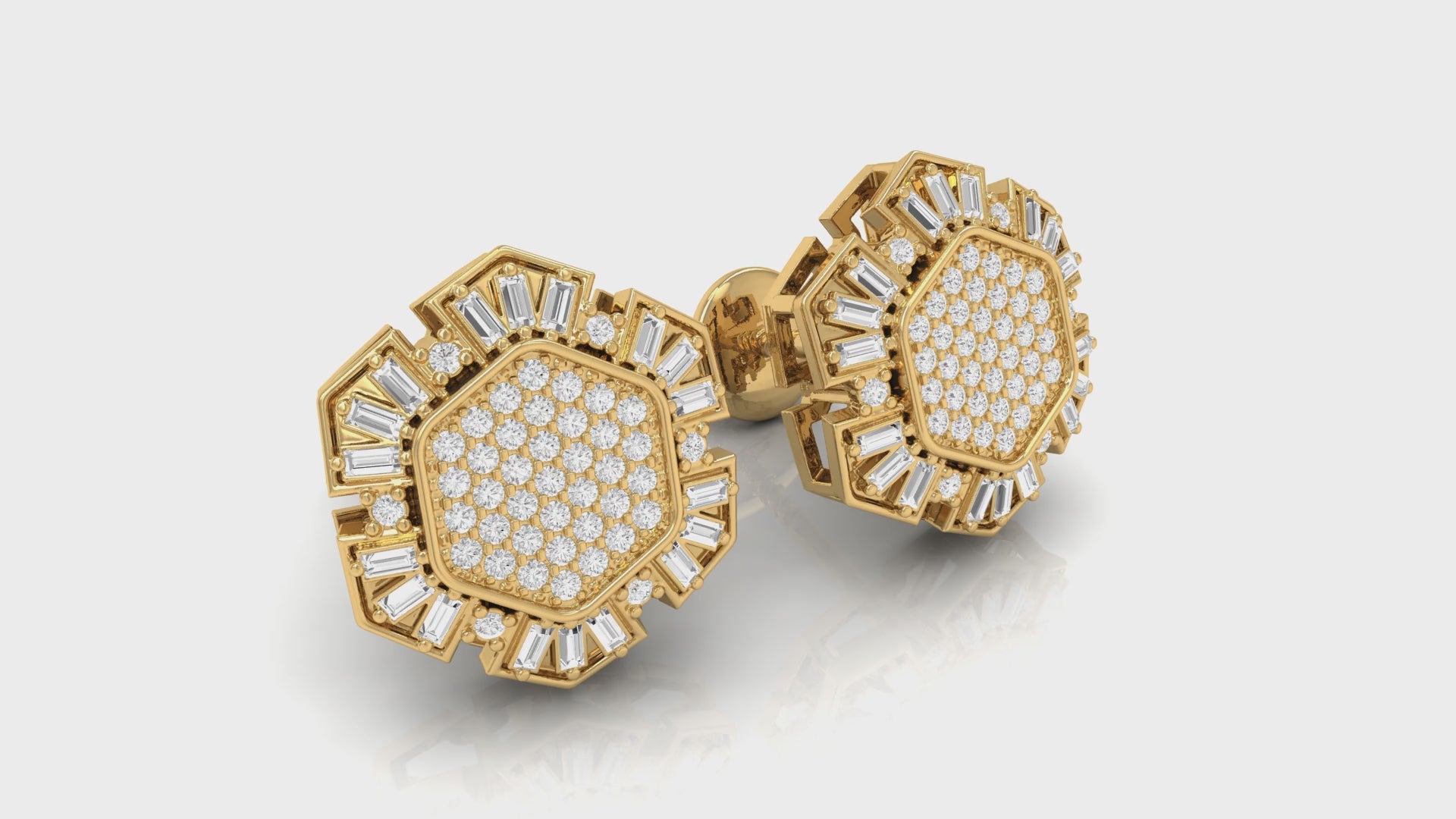 Yellow Gold Round and Baguette Diamond Flower Earrings