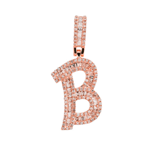 Yellow Gold Round and Baguette Diamond "B" Letter Pendant